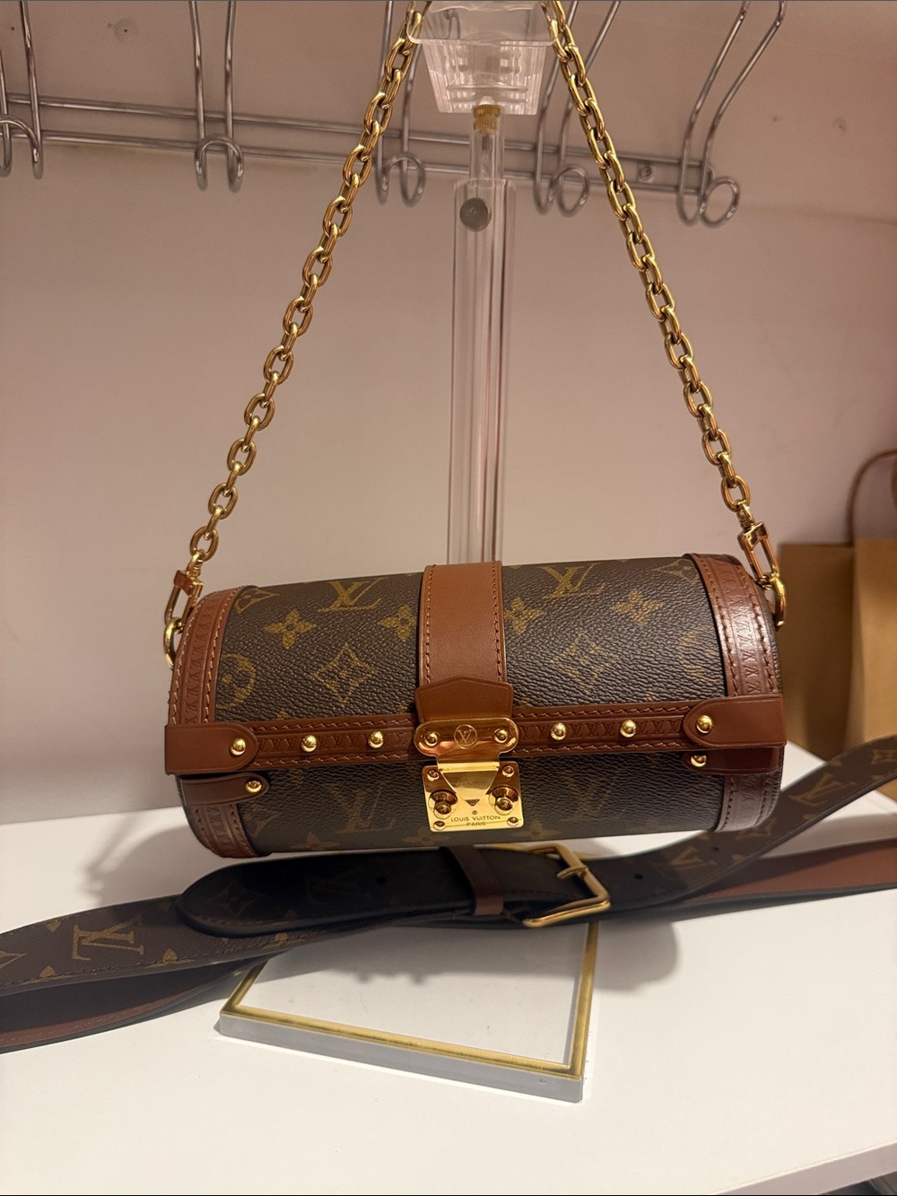 Louis Vuitton Monogram Petite Trunk Crossbody Bag in Brown and Gold